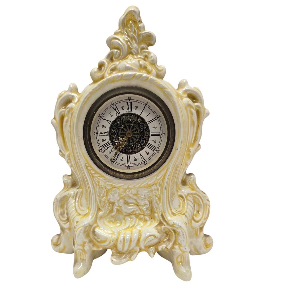 Kentocs Holland Mold Ceramic Mantle Clock Iridescent Gold West Germany Regency‎